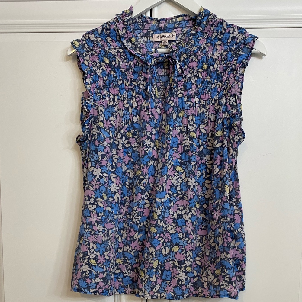 Nanette Lepore Sz Medium Sleeveless Blouse Open Front w/Ties Smocked Blue Floral